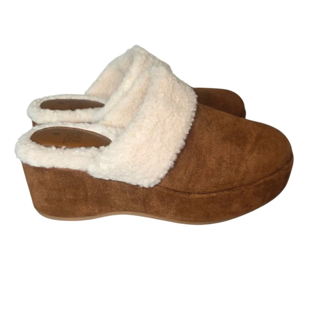 Time and Tru Womens 8 Brown Faux Shearling Wedge Clogs Faux Suede NWOB